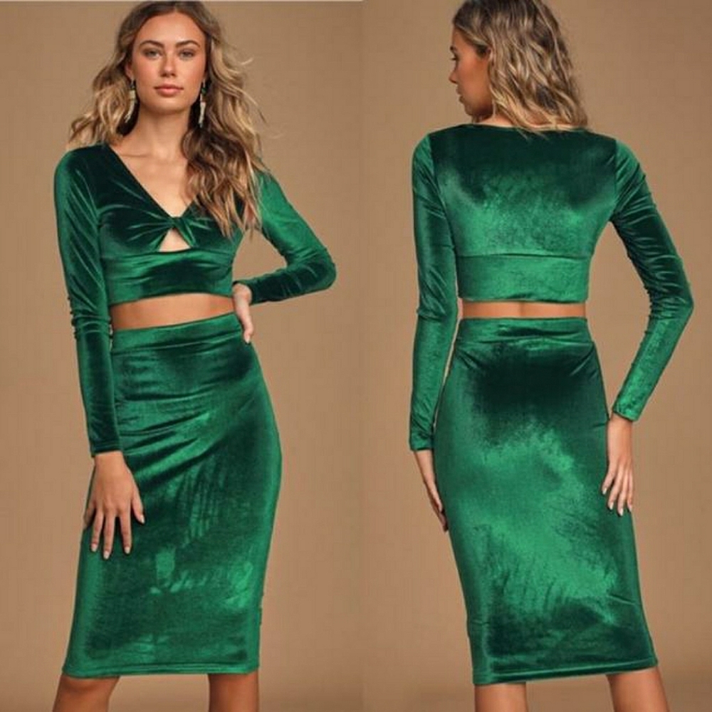 Lulu's My All Forest Green Velvet Crop Top Pencil Skirt Two-Piece Dress Set
